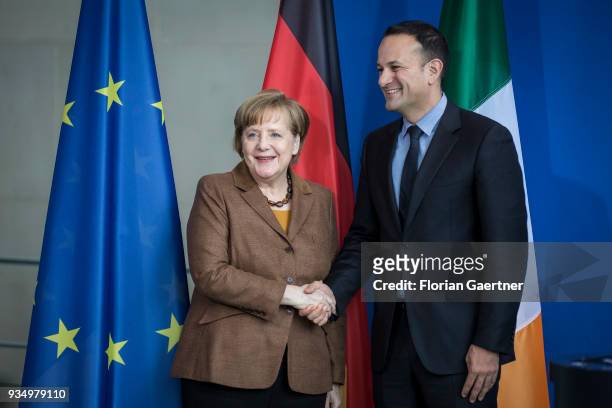 German Chancellor Angela Merkel and Leo Varadkar, Prime Minister of Ireland, shake hands after a press conference on March 20, 2018 in Berlin,...