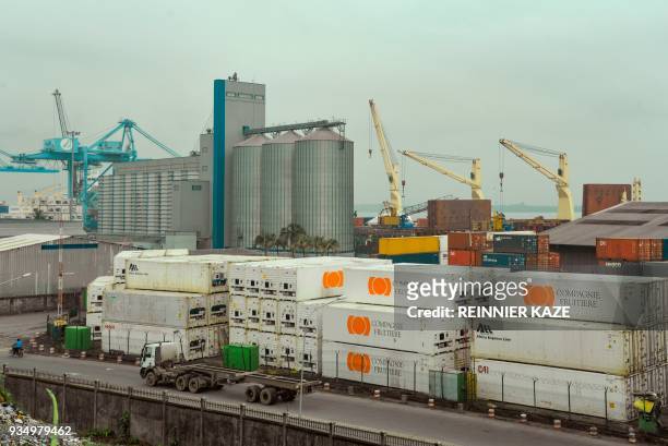 Picture taken on March 15, 2018 shows a general view of the port of Douala.