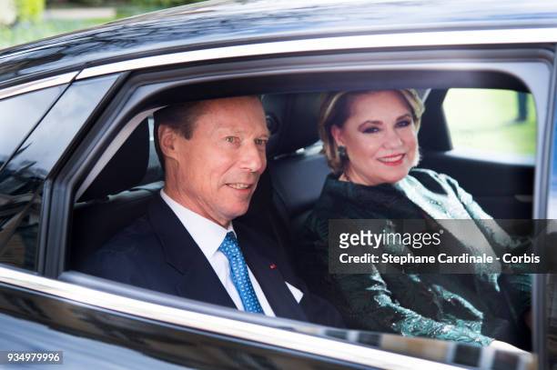 Grand-Duke Henri of Luxembourg and Grand-Duchess Maria Teresa of Luxembourg leaves the Hotel de Matignon on March 20, 2018 in Paris, France. The Duke...
