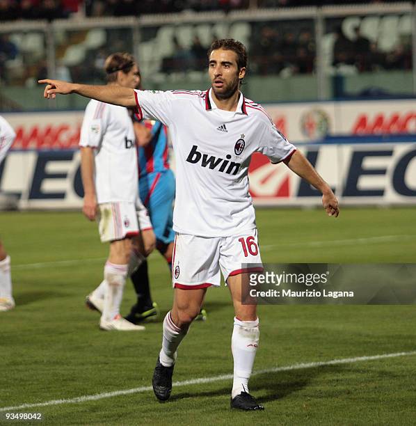 Mathieu Flamini of AC Milan gestures during the Serie A match between Catania Calcio and AC Milan at Stadio Angelo Massimino on November 29, 2009 in...