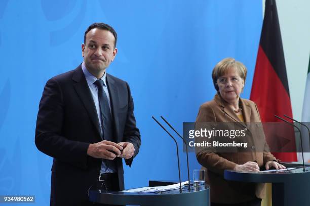 Leo Varadkar, Ireland's prime minister, left, stands beside Angela Merkel, Germany's chancellor, during a news conference inside the Chancellery in...