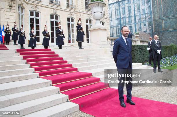 French Prime Minister Edouard Philippe on the red carpet at the Hotel de Matignon on March 20, 2018 in Paris, France. The Duke and Duchess of...