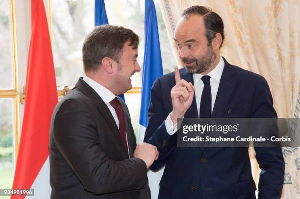 Luxembourg Prime Minister Xavier Bettel and French Prime Minister Edouard Philippe hold a joint press conference at the Hotel de Matignon after a...