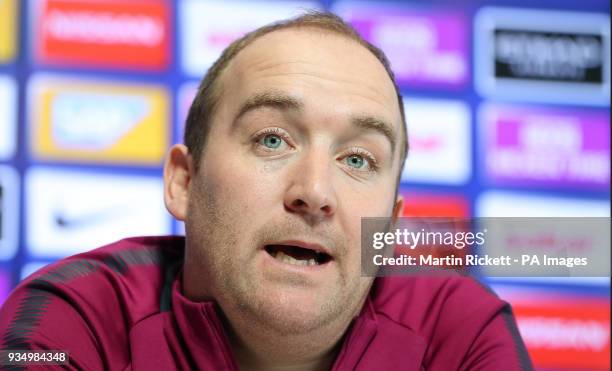 Manchester City Women manager Nick Cushing speaks during a press conference at the City Football Academy, Manchester.