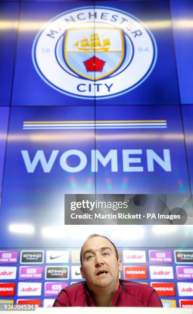 Manchester City Women manager Nick Cushing speaks during a press conference at the City Football Academy, Manchester.