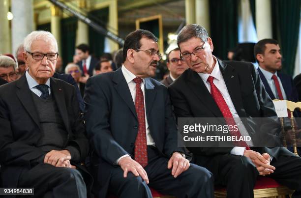 Former Tunisian Prime Ministers Hedi Baccouche, Ali Laarayedh, and Habib Essid attend a ceremony marking the 62nd anniversary of Tunisian...