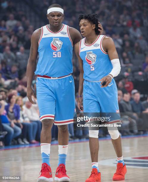 Sacramento Kings forward Zach Randolph talks with teammate Sacramento Kings guard De'Aaron Fox during their game against the Detroit Pistonsat the...