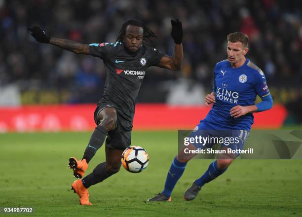 Victor Moses of Chelsea controls the ball from Marc Albrighton of Leicester City during the the Emirates FA Cup Quarter Final match between Leicester...