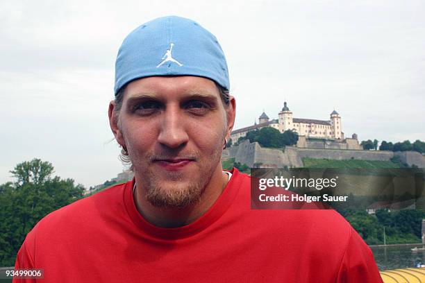 Dirk Nowitzki poses in front of castle Marienberg during a shooting in his hometown on July 23, 2002 in Wuerzburg, Germany.