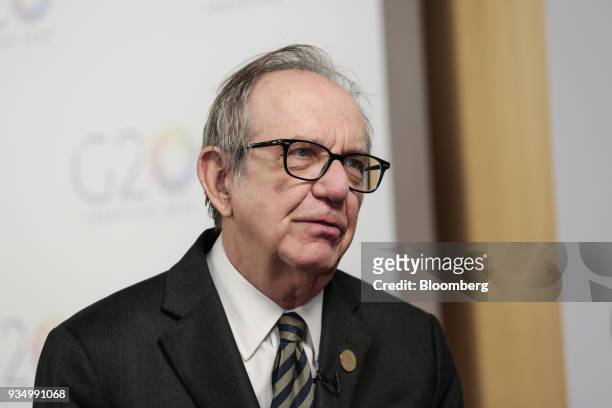 Pier Carlo Padoan, Italy's finance minister, speaks during a Bloomberg Television interview at the G20 Summit in Buenos Aires, Argentina, on Tuesday,...