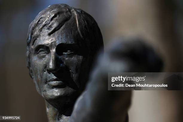 Statue of Dutch football legend, Johan Cruyff is pictured during the Netherlands Training session held at KNVB Sportcentrum on March 20, 2018 in...