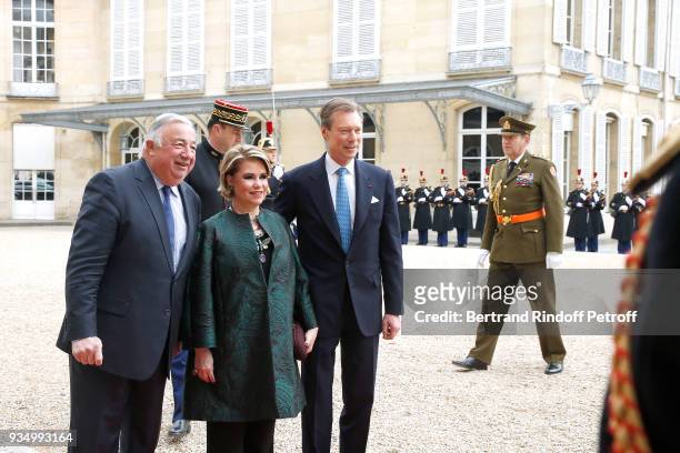 President of Senat Gerard Larcher welcomes Grand-Duc Henri and Grande-Duchesse Maria Teresa of Luxembourg at the "Senat" during their State Visit in...