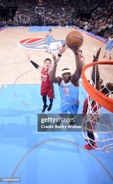 Zach Randolph of the Sacramento Kings shoots against Luke Babbitt of the Miami Heat on March 14, 2018 at Golden 1 Center in Sacramento, California....