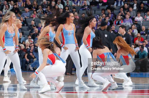 The Sacramento Kings dance team performs during the game against the Miami Heat on March 14, 2018 at Golden 1 Center in Sacramento, California. NOTE...