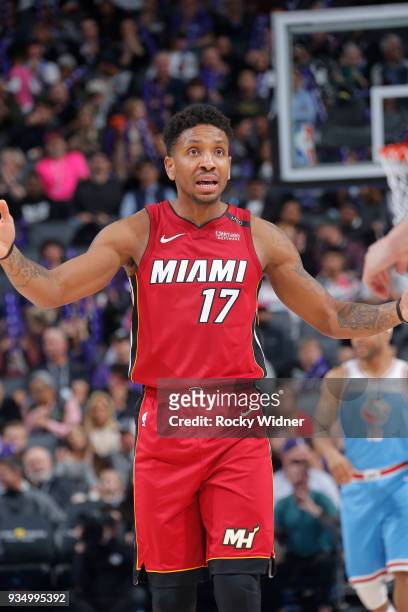 Rodney McGruder of the Miami Heat looks on during the game against the Sacramento Kings on March 14, 2018 at Golden 1 Center in Sacramento,...