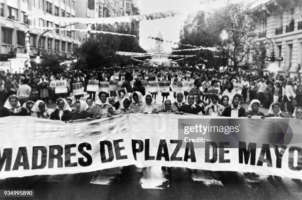 Mothers of May Square lead the march of the Resistance, 21 March 1985 in Buenos Aires, a 24-hour march on the last Thursday of the month. The Mothers...