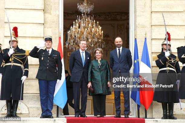 French Prime Minister Edouard Philippe welcomes Grand-Duc Henri and Grande-Duchesse Maria Teresa of Luxembourg at "Hotel de Matignon" during their...