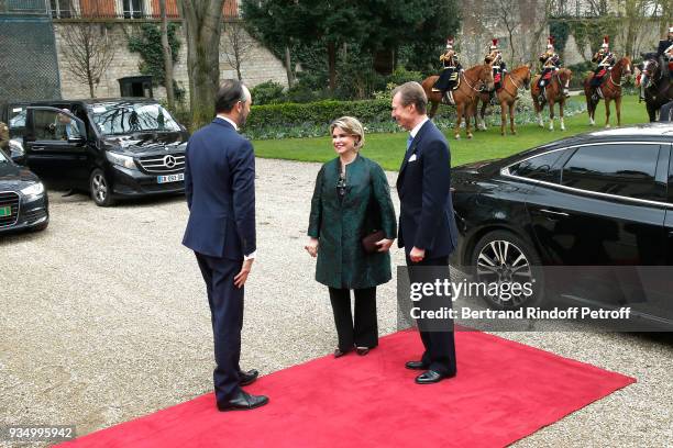 French Prime Minister Edouard Philippe welcomes Grand-Duc Henri and Grande-Duchesse Maria Teresa of Luxembourg at "Hotel de Matignon" during their...