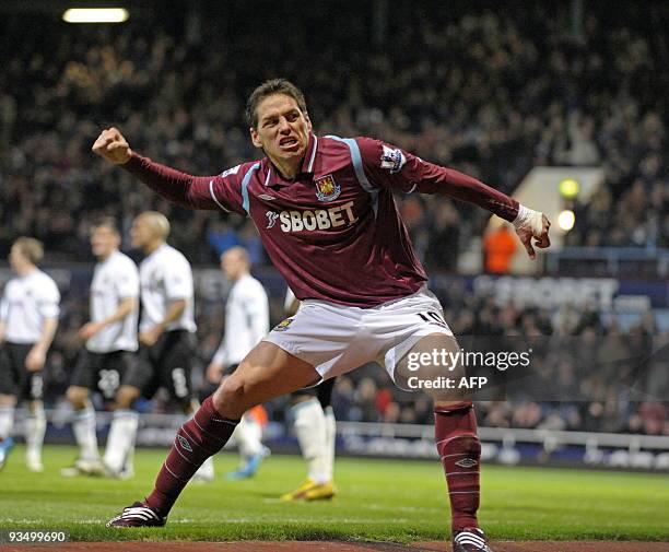 West Ham's Mexican striker Guillermo Franco celebrates scoring the 4th goal of the English Premier League football match between West Ham United and...