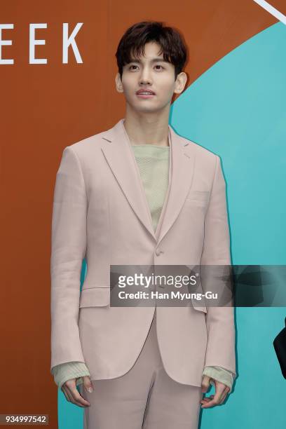 Max of South Korean boy band TVXQ attends the photocall for the Caruso show during the HERA Seoul Fashion Week F/W 2018 at DDP on March 20, 2018 in...