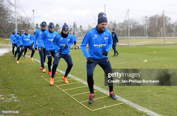 Davie Selke, Alexander Esswein, Mitchell Weiser and Vedad Ibisevic of Hertha BSC during the training at Schenkendorfplatz on March 20, 2018 in...