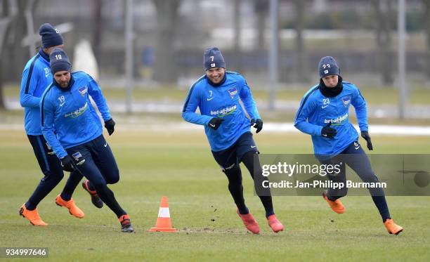 Davie Selke, Vedad Ibisevic, Alexander Esswein and Mitchell Weiser of Hertha BSC during the training at Schenkendorfplatz on March 20, 2018 in...