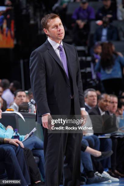 Head coach Dave Joerger of the Sacramento Kings coaches against the Miami Heat on March 14, 2018 at Golden 1 Center in Sacramento, California. NOTE...