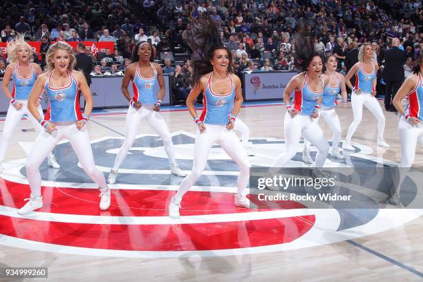 The Sacramento Kings dance team performs during the game against the Miami Heat on March 14, 2018 at Golden 1 Center in Sacramento, California. NOTE...