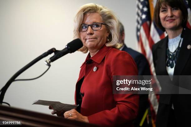 Rep. Liz Cheney speaks after the weekly House Republican Conference meeting March 20, 2018 at the Capitol in Washington, DC. House Republicans held...