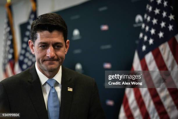 Speaker of the House Rep. Paul Ryan leaves after a news briefing after the weekly House Republican Conference meeting March 20, 2018 at the Capitol...