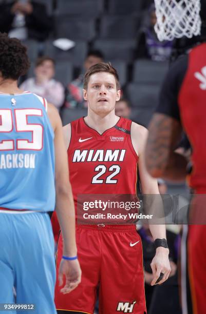 Luke Babbitt of the Miami Heat looks on during the game against the Sacramento Kings on March 14, 2018 at Golden 1 Center in Sacramento, California....
