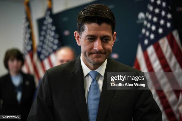 Speaker of the House Rep. Paul Ryan leaves after a news briefing after the weekly House Republican Conference meeting March 20, 2018 at the Capitol...