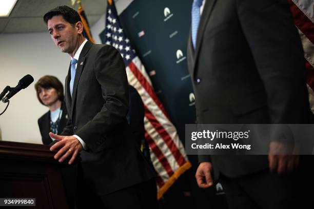 Speaker of the House Rep. Paul Ryan speaks during a news briefing after the weekly House Republican Conference meeting March 20, 2018 at the Capitol...