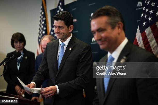 Speaker of the House Rep. Paul Ryan leaves after a news briefing after the weekly House Republican Conference meeting March 20, 2018 at the Capitol...