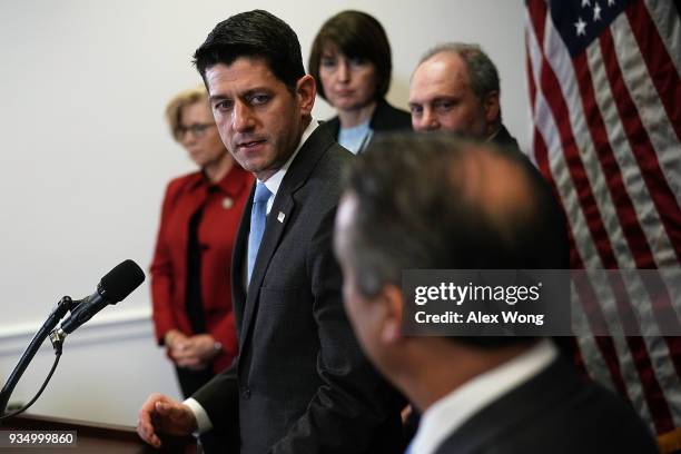 Speaker of the House Rep. Paul Ryan speaks during a news briefing after the weekly House Republican Conference meeting March 20, 2018 at the Capitol...