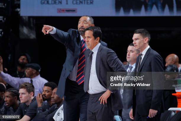 Assistant coach Juwan Howard and Head Coach Erik Spoelstra of the Miami Heat coach against the Sacramento Kings on March 14, 2018 at Golden 1 Center...