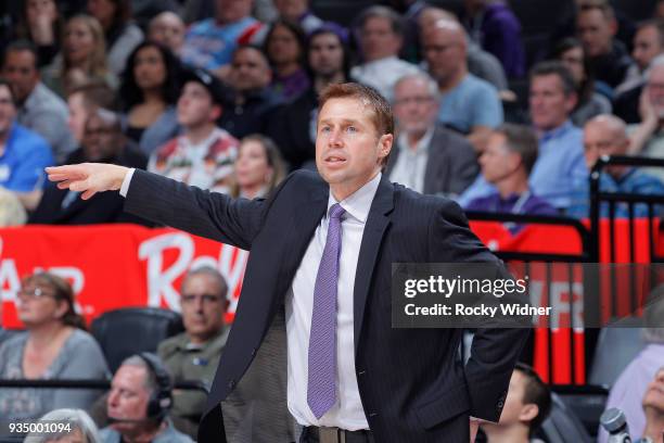 Head coach Dave Joerger of the Sacramento Kings coaches against the Miami Heat on March 14, 2018 at Golden 1 Center in Sacramento, California. NOTE...