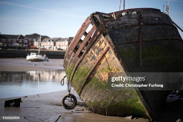 Decommissioned fishing boat sits in the Jubilee Dock at Fleetwood, once the third biggest fishing port in Britain on March 20, 2018 in Fleetwood,...