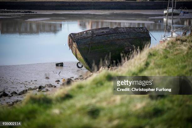 Decommissioned fishing boat sits in the Jubilee Dock at Fleetwood, once the third biggest fishing port in Britain on March 20, 2018 in Fleetwood,...