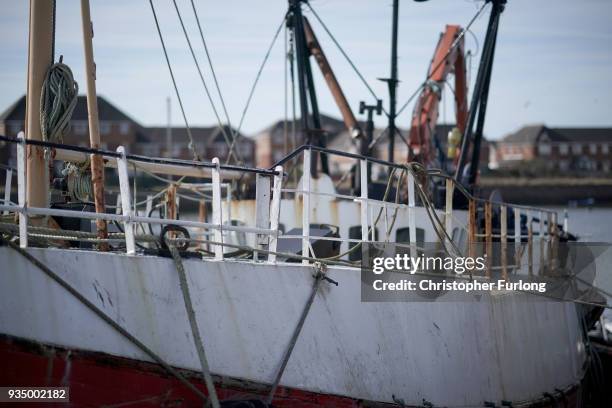 Decommissioned fishing boat sits in the Jubilee Dock at Fleetwood, once the third biggest fishing port in Britain on March 20, 2018 in Fleetwood,...