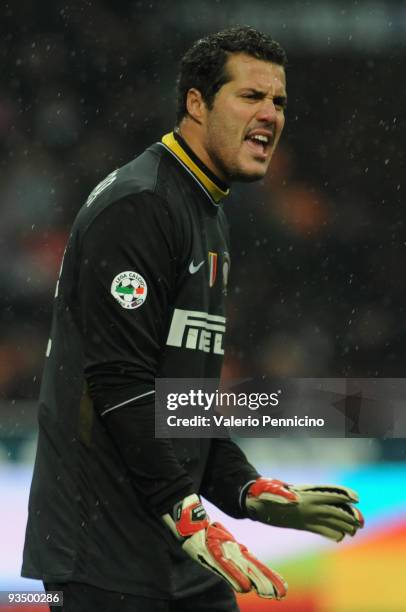 Julio Cesar of FC Internazionale issues instructions during the Serie A match between Inter Milan and Fiorentina at Stadio Giuseppe Meazza on...