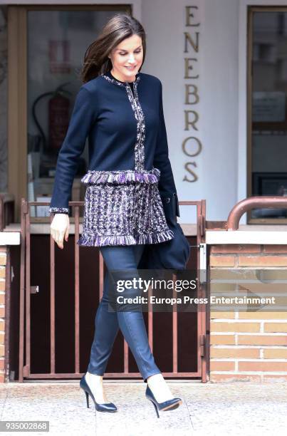 Queen Letizia of Spain arrives to attend a meeting at Integra Foundation Headquarters on March 20, 2018 in Madrid, Spain.