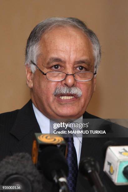 Libyan Prime Minister Baghdadi al-Mahmudi speaks to the media after his meeting with Russian envoy Mikhail Margelov in Tripoli on June 16, 2011....