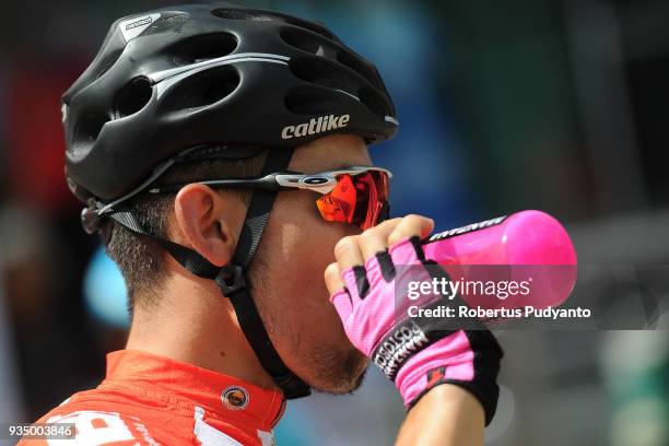 Red Polka Dot jersey winner Bernardo Albeiro Suaza Arango of Manzana Postobon Team Columbia drinks during Stage 3 of the Le Tour de Langkawi 2018,...