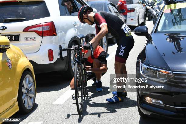 Agung Ali Sahbana of KFC Cycling Team Indonesia breaks his tire during Stage 3 of the Le Tour de Langkawi 2018, Kota Bharu-Kuala Terengganu 166 km on...