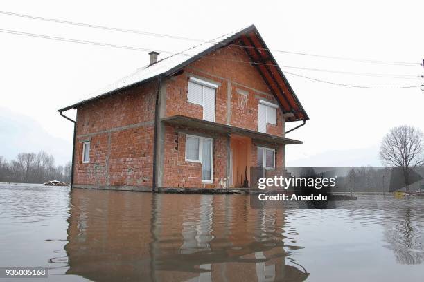 An outside view of a flooded house after the overflowing of Sava River, in Banja Luka, Bosnia and Herzegovina on March 20, 2018. Many houses and...