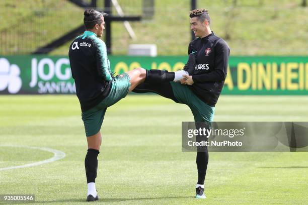 Portugal forward Cristiano Ronaldo and Portugal defender Bruno Alves during training session at Cidade do Futebol training camp in Oeiras, outskirts...