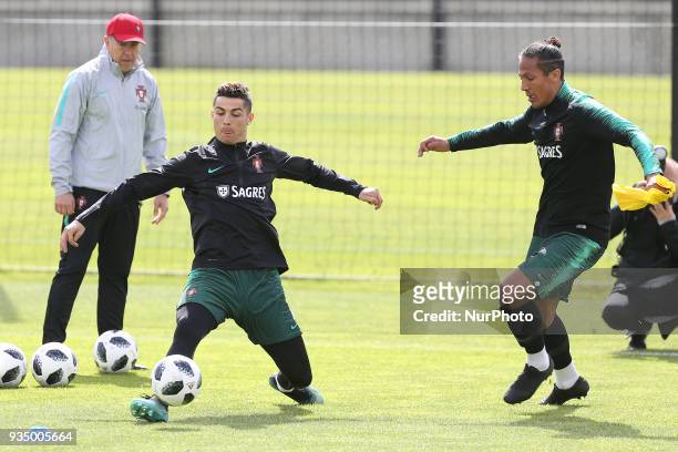 Portugal forward Cristiano Ronaldo and Portugal defender Bruno Alves during training session at Cidade do Futebol training camp in Oeiras, outskirts...