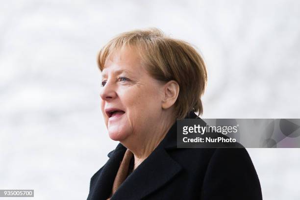 German Chancellor Angela Merkel greets Irish Prime Minister Leo Varadkar upon his arrival at the Chancellery in Berlin, Germany on March 20, 2018.