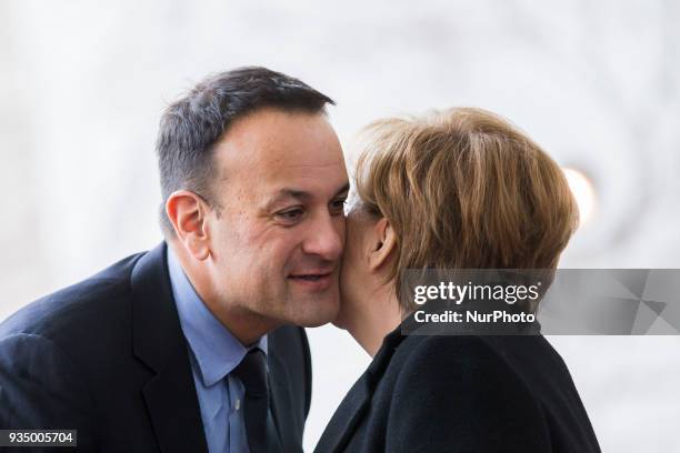 German Chancellor Angela Merkel greets Irish Prime Minister Leo Varadkar upon his arrival at the Chancellery in Berlin, Germany on March 20, 2018.